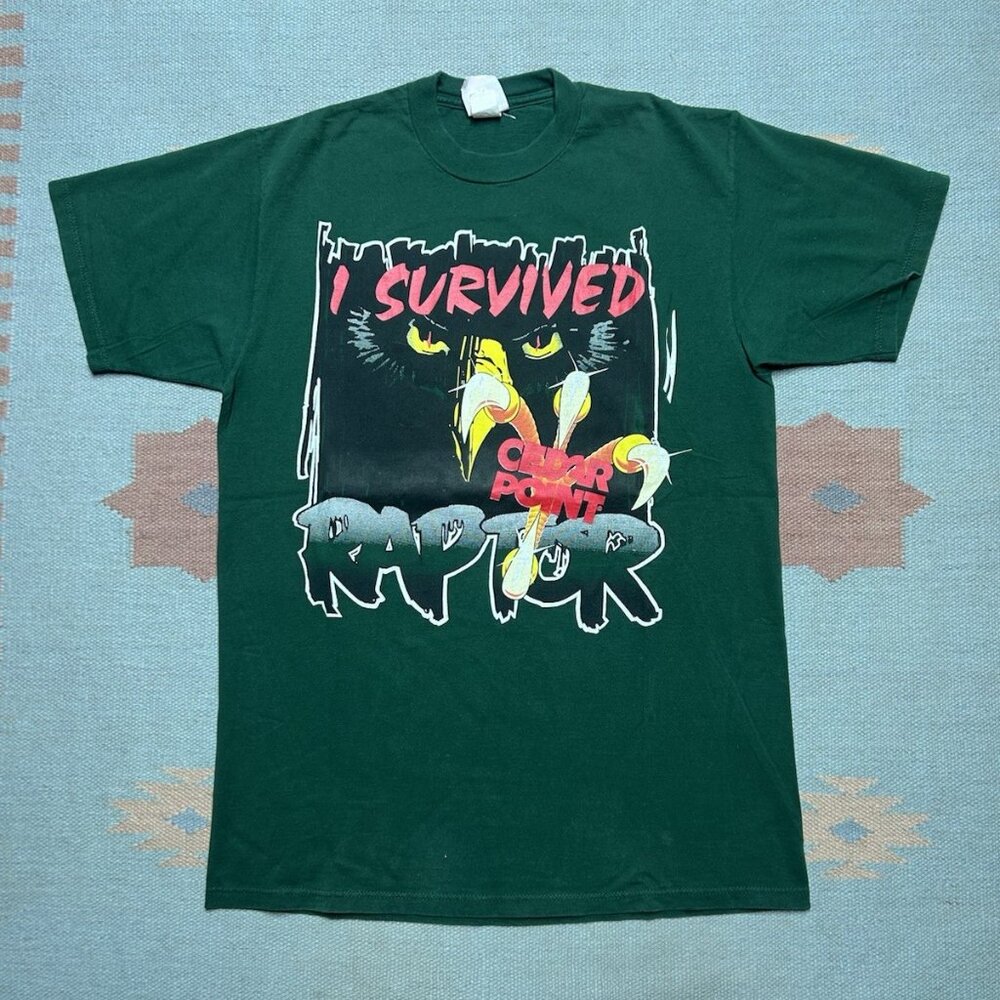 Vintage 90s graphic t shirt cedar point raptor survived roller coaster large